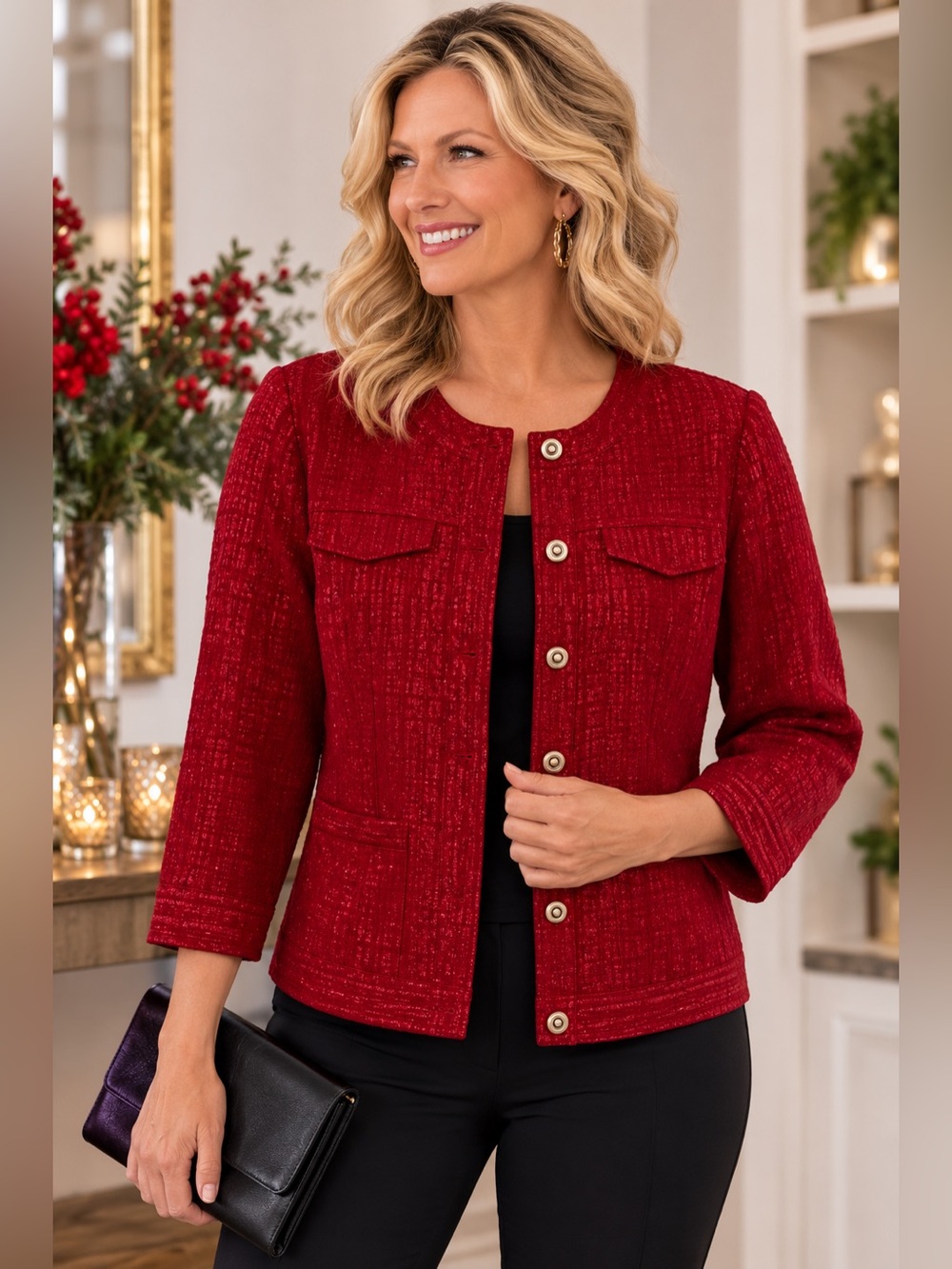Ruby Rd. Red Shimmer Textured Jacket | Size 12 | Holiday & Evening Chic